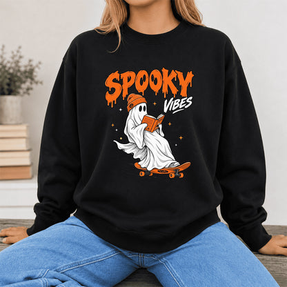 Spooky Vibes Printed Sweatshirt | Halloween Reader Gift Black