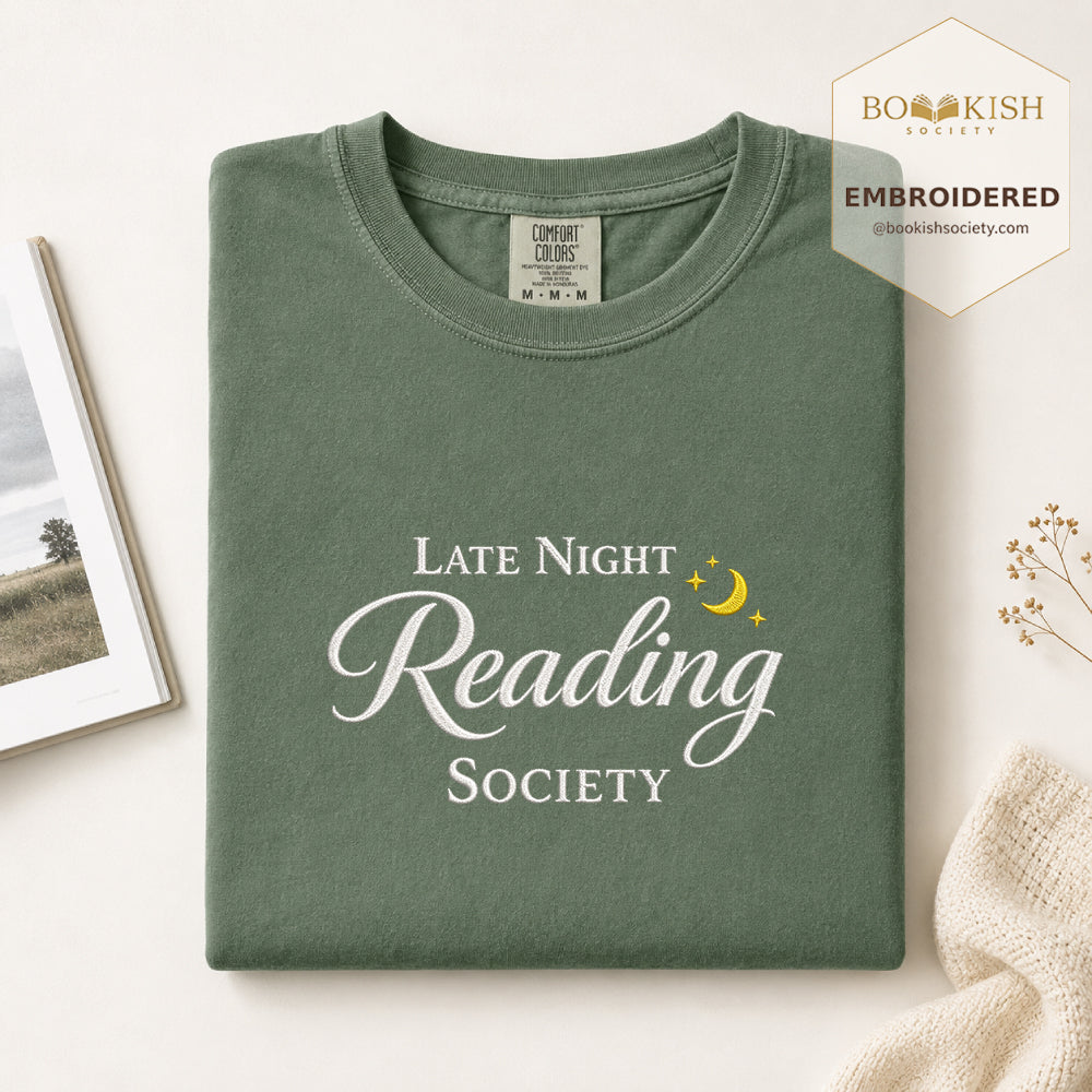 Late Night Reading Society Embroidered Comfort Color® T-shirt | Book Lover Gift Moss
