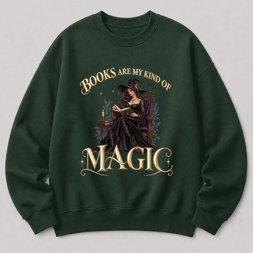 Books Are My Kind Of Magic Crewneck Sweatshirt | Halloween Literary Fantasy Book Lover Gift Forest Green