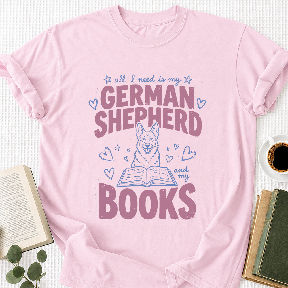 All I Need Is My German Shepherd And My Books Cotton T-Shirt | Dogs Lover & Reader Gift Light Pink