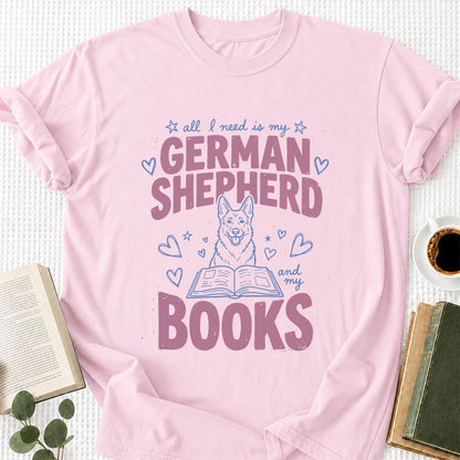 All I Need Is My German Shepherd And My Books Cotton T-Shirt | Dogs Lover & Reader Gift Light Pink