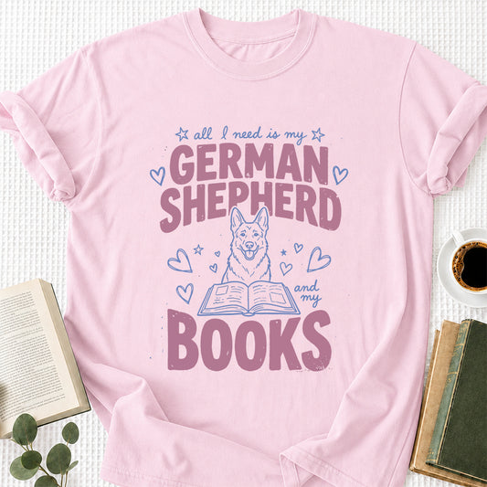 All I Need Is My German Shepherd And My Books Cotton T-Shirt | Dogs Lover & Reader Gift Light Pink
