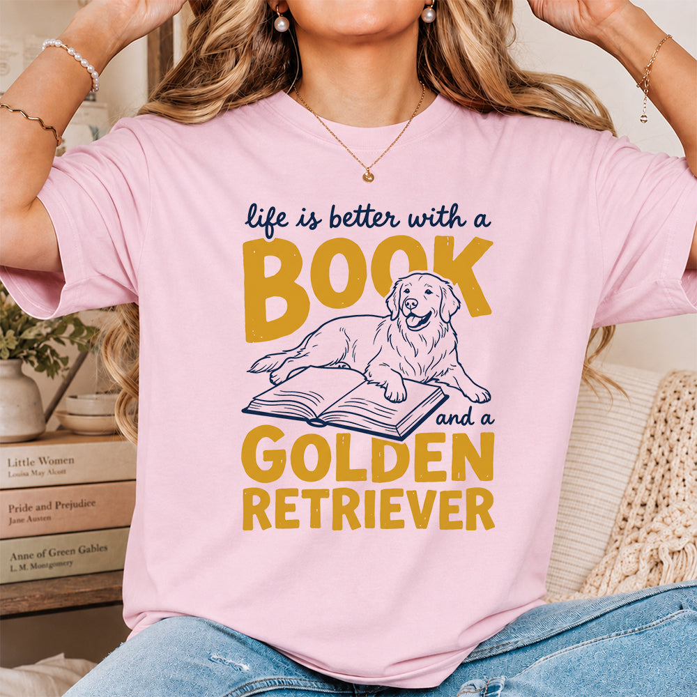 Life Is Better With A Book And A Golden Retriever Softstyle T-Shirt | Book Lover Gift Light Pink