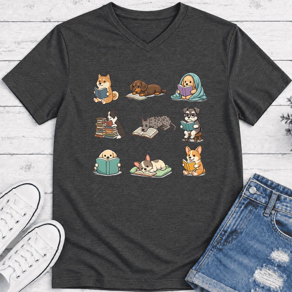 Funny Reading Dogs Ultra-Soft V-Neck | Dog Mom Reader Gift Dark Grey Heather
