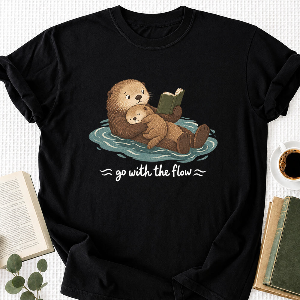 Go With The Flow Otter Reading Softstyle T-Shirt | Book Lover Gift Black