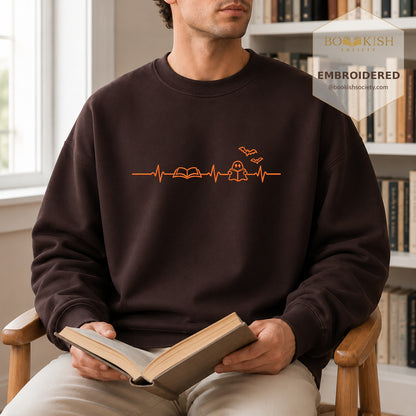 Reading Heartbeat Embroidered Sweatshirt | Spooky Halloween Book Lover Gift Dark Chocolate