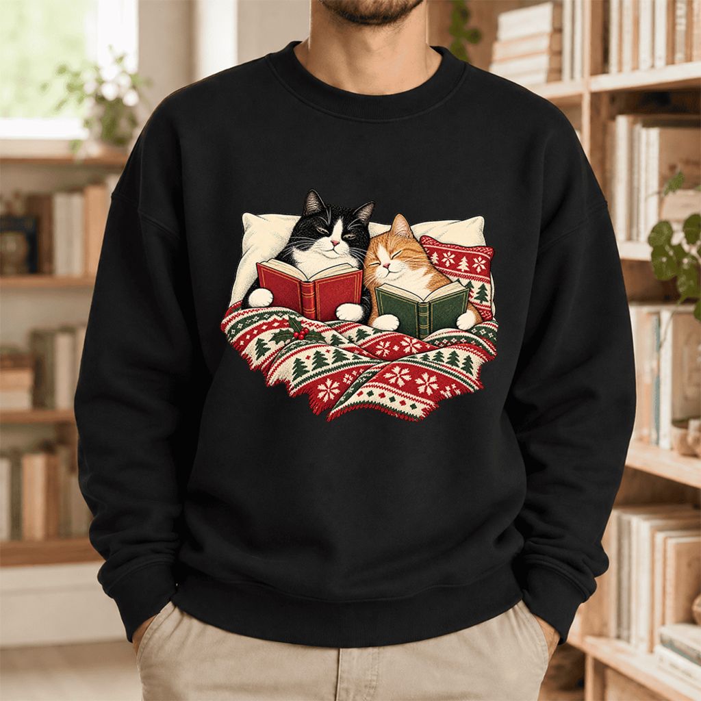 Christmas Reading Cat Couple Softstyle Sweatshirt | Cozy Christmas Gift Black