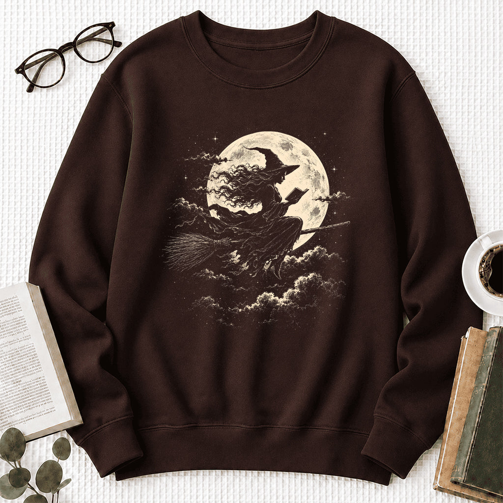 Reading Witch On The Flying Broom Printed Sweatshirt | Halloween Reader Gift Dark Chocolate