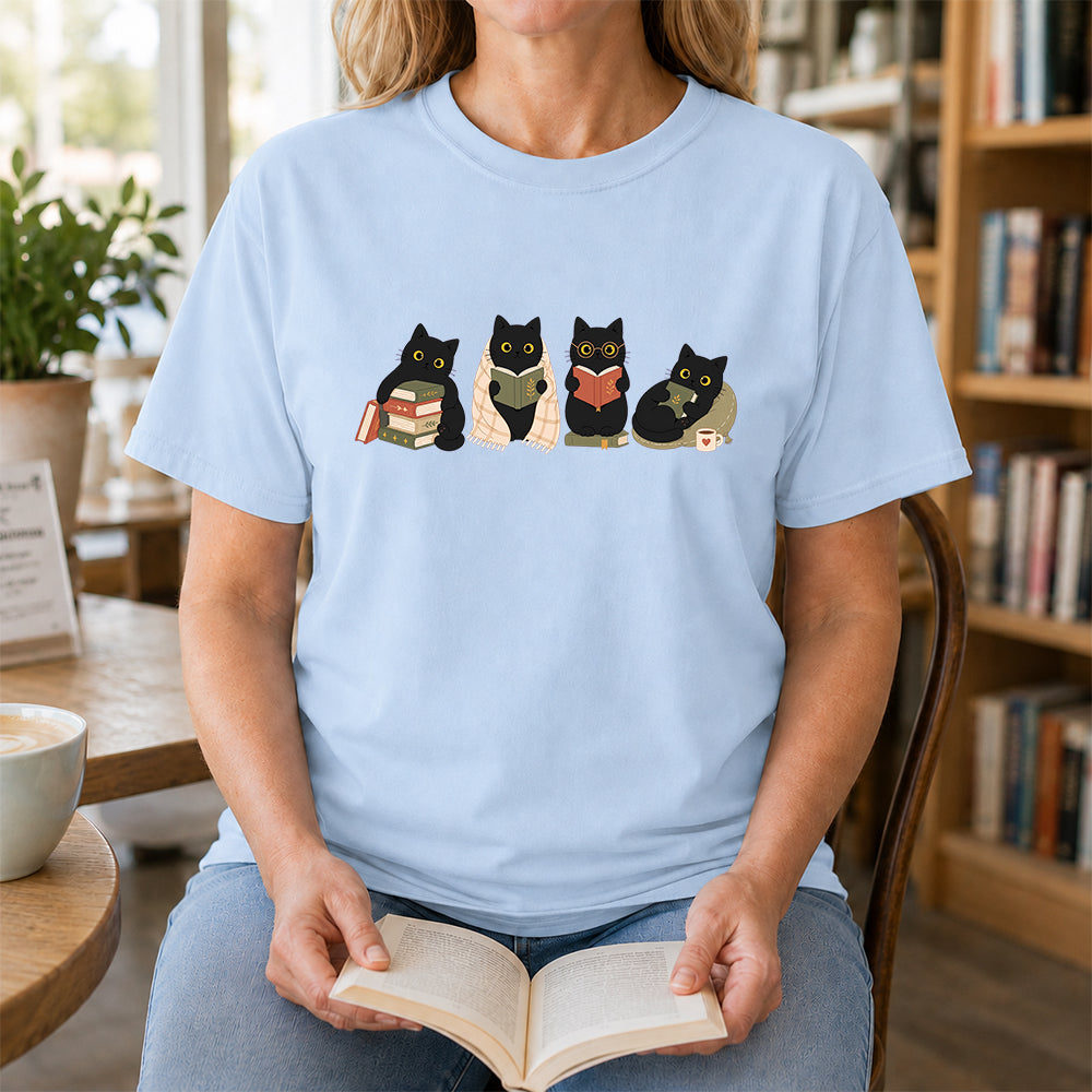 Black Cats Reading Softstyle T-Shirt | Book Lover Gift Light Blue