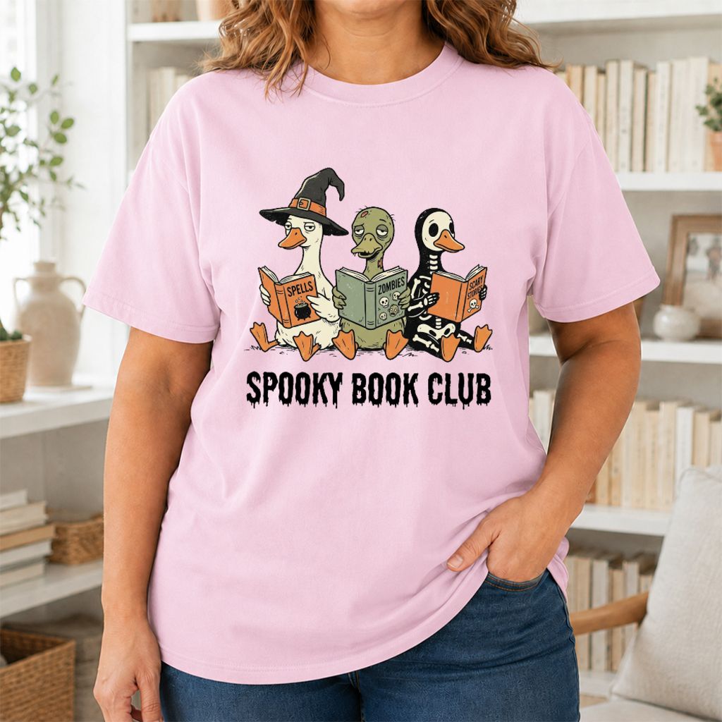 Spooky Book Club Printed T-Shirt | Halloween Book Lover Gift Light Pink