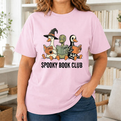 Spooky Book Club Printed T-Shirt | Halloween Book Lover Gift Light Pink