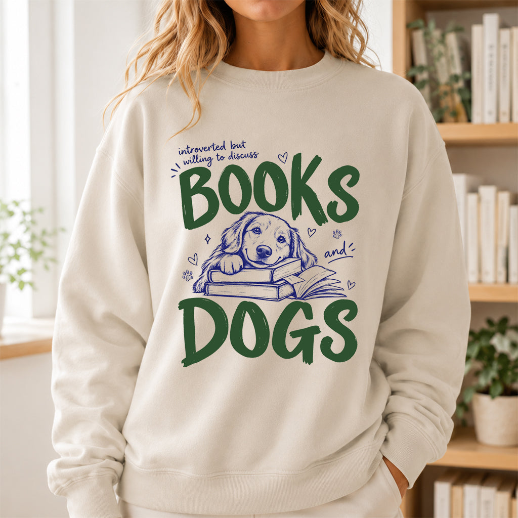 Introverted But Willing To Discuss Books And Dogs Crewneck Sweatshirt | Dog Lover & Reader Gift Sand