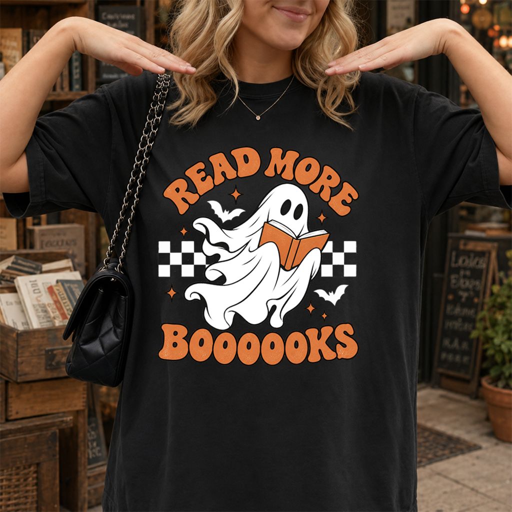 Read More Books Flying Ghost Printed T-Shirt | Halloween Book Lover Gift Black