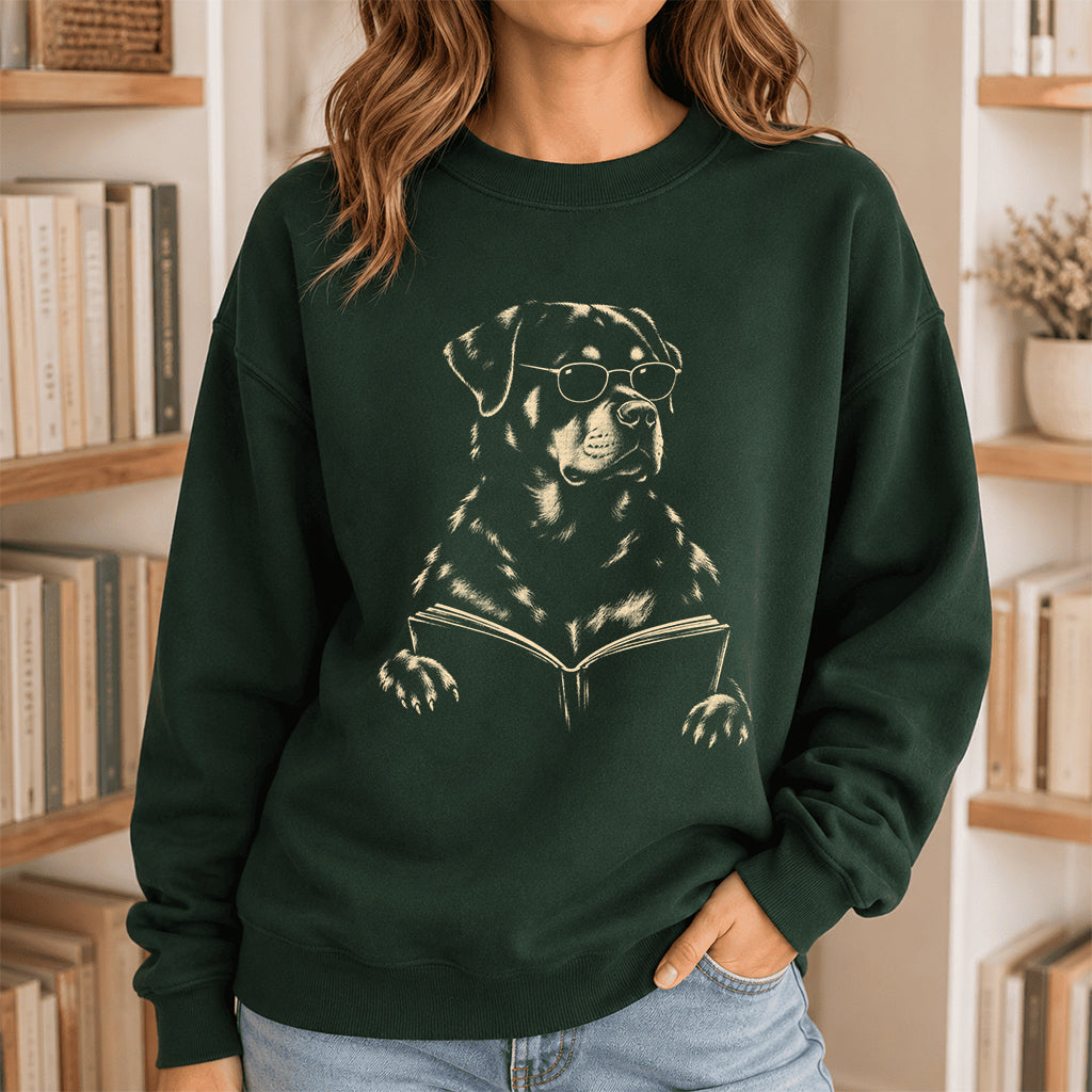 Rottweiler Reading Book Crewneck Sweatshirt | Reader Gift Forest Green