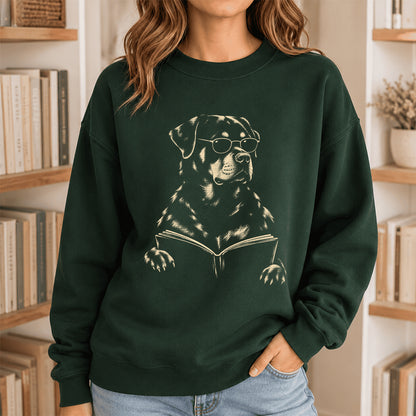 Rottweiler Reading Book Crewneck Sweatshirt | Reader Gift Forest Green