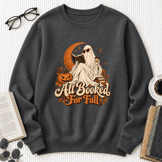 All Booked For Fall Crewneck Sweatshirt | Halloween Reader Gift Dark Heather