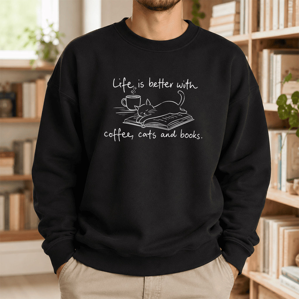 Funny Cats and Books Crewneck Sweatshirt | Reader Gift Black