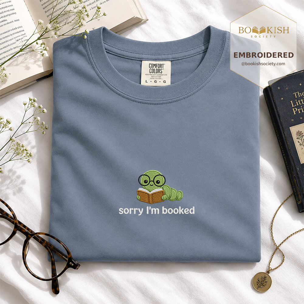Sorry I'm Booked Embroidered Comfort Color® T-shirt | Book Lover Gift Blue Jean