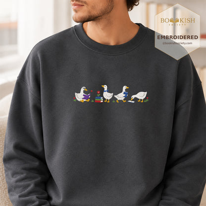 Four Reading Ducks Embroidered Sweatshirt | Reader Gift Dark Heather