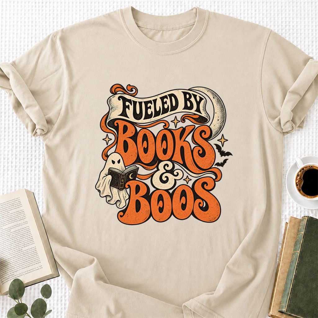 Fueled By Books & Boos Printed T-Shirt | Halloween Book Lover Gift Sand