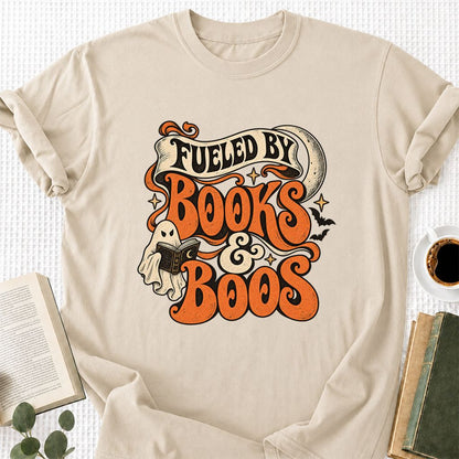 Fueled By Books & Boos Printed T-Shirt | Halloween Book Lover Gift Sand