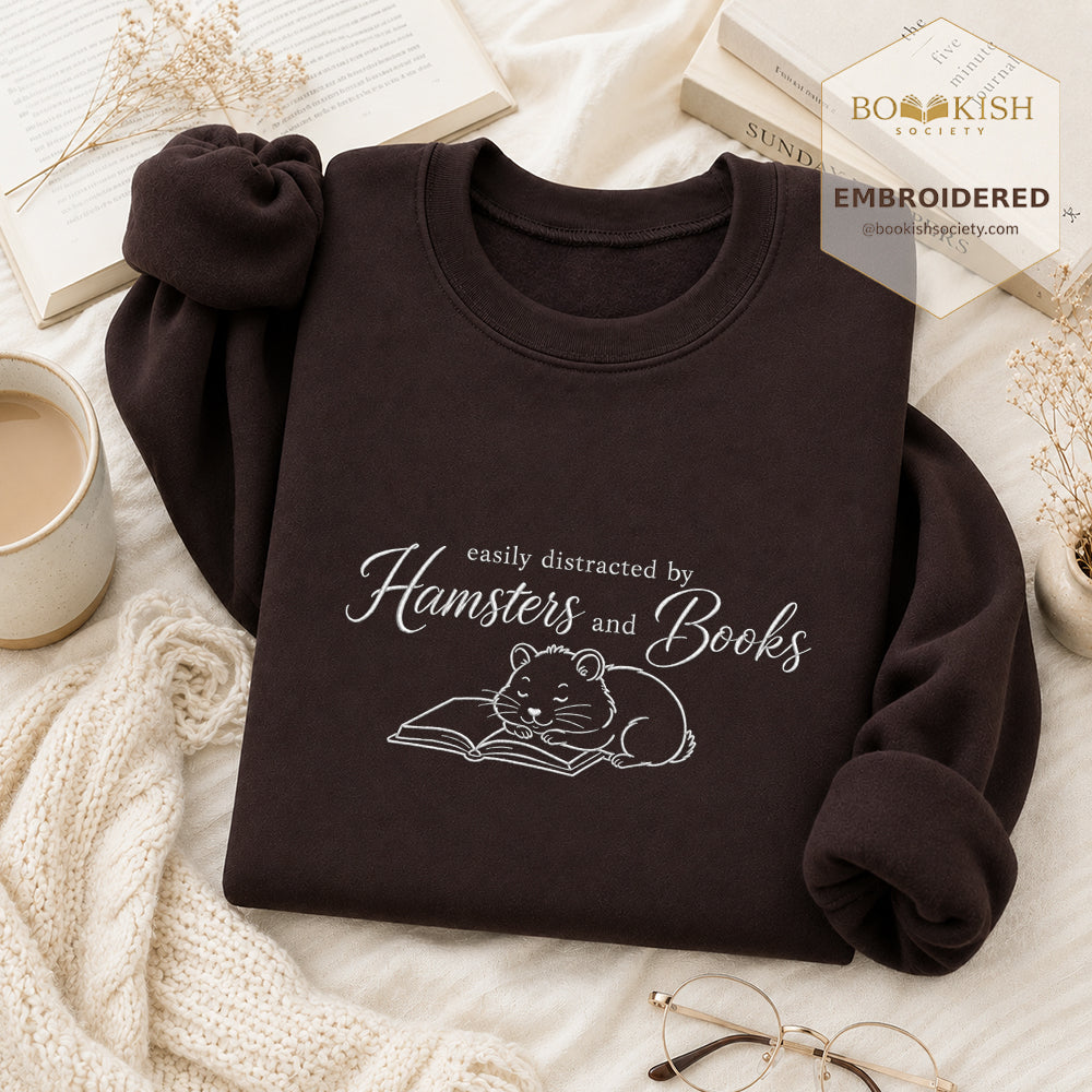 Easily Distracted By Hamsters And Books Sport Embroidered Sweatshirt | Reader Gift Dark Chocolate