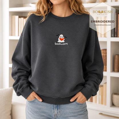 Bookworm Embroidered Sweatshirt | Halloween Book Lover Gift Dark Heather