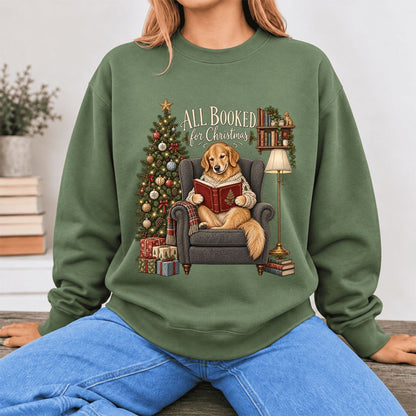 All Booked For Christmas Sweatshirt | Christmas Reader Gift Military Green