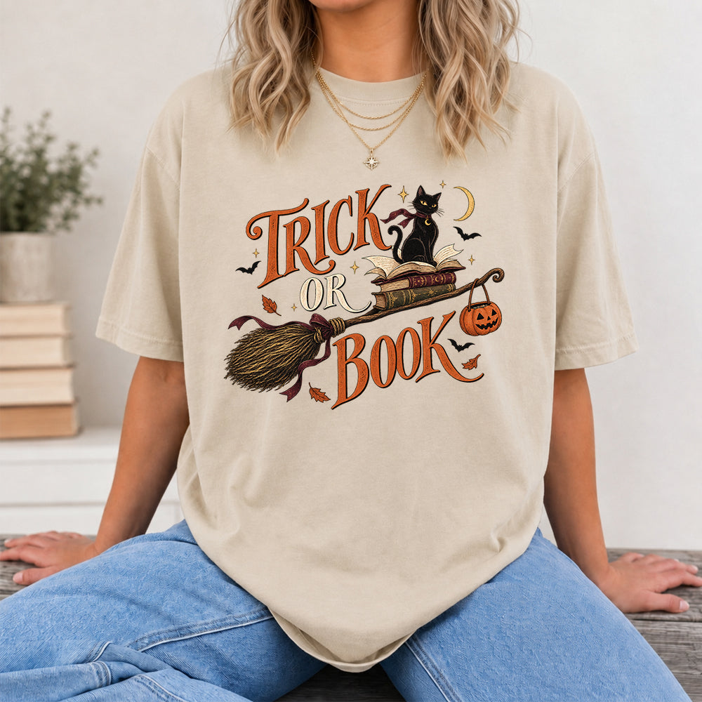 Trick Or Book Black Cat Printed T-Shirt | Halloween Book Lover Gift Sand