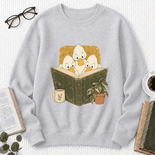 Minimal Japanese Ducks Reading Crewneck Sweatshirt | Reader Gift Sport Grey
