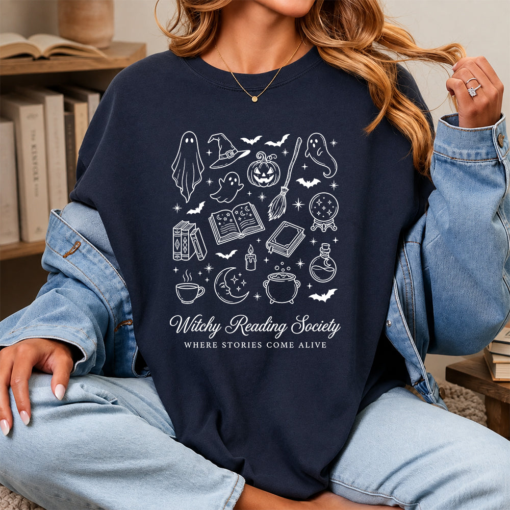Witchy Reading Society Printed T-Shirt | Halloween Reader Gift Navy