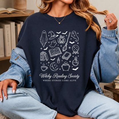 Witchy Reading Society Printed T-Shirt | Halloween Reader Gift Navy