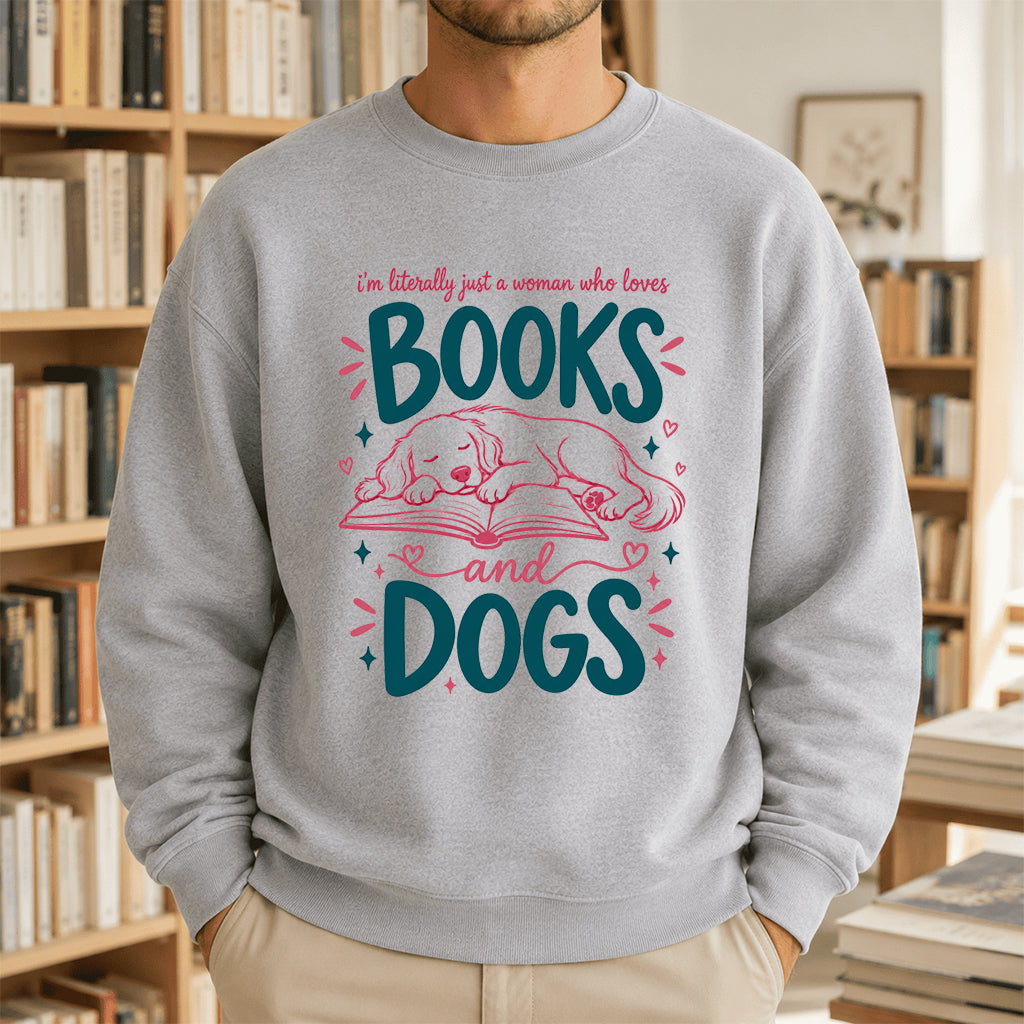 Just A Woman Who Loves Books and Dogs Crewneck Sweatshirt |  Dog Lover & Reader Gift Sport Grey