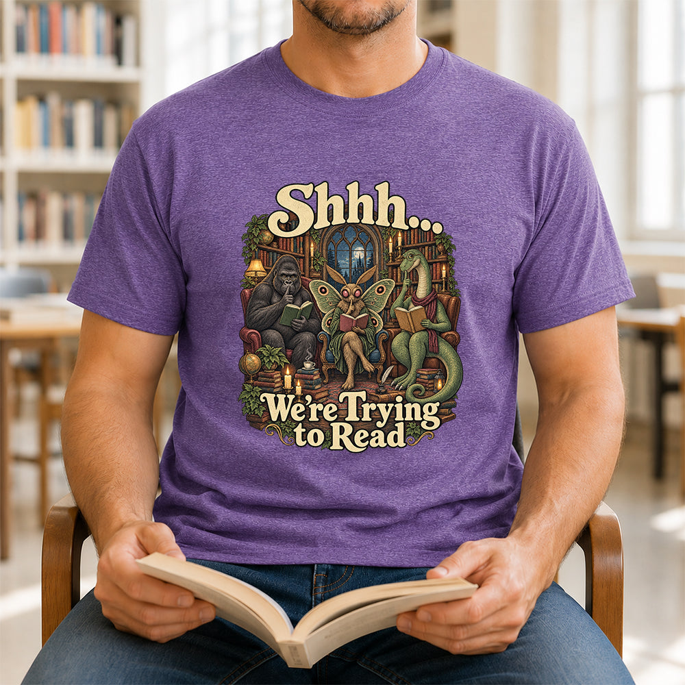 Shh... We Trying To Read Cotton T-Shirt | Midnight Reader Gift Heather Purple