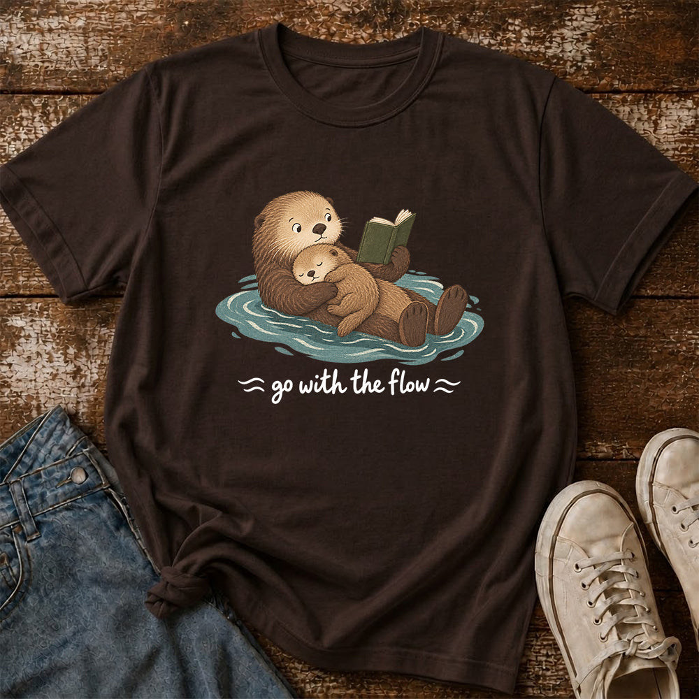 Go With The Flow Otter Reading Softstyle T-Shirt | Book Lover Gift Dark Chocolate