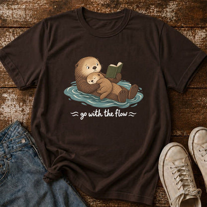 Go With The Flow Otter Reading Softstyle T-Shirt | Book Lover Gift Dark Chocolate