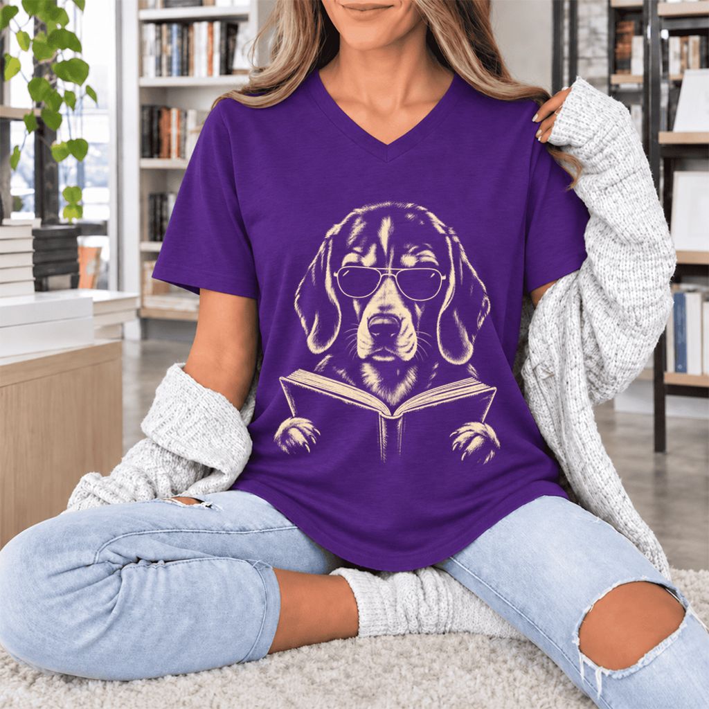 Beagle Reading Book Ultra-Soft V-Neck | Dog Mom Reader Gift Team Purple