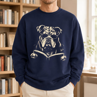 Bulldog Reading Book Crewneck Sweatshirt | Reader Gift Navy