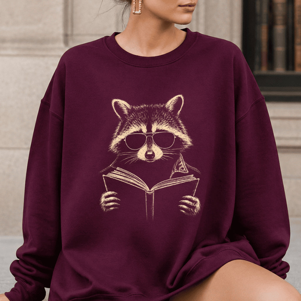 Raccoon Reading Book Crewneck Sweatshirt | Reader Gift Maroon