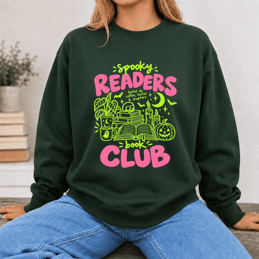 Spooky Readers Book Club Crewneck Sweatshirt | Halloween Reader Gift Forest Green