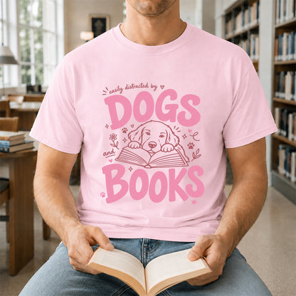 Easily Distracted by Dog and Books Cotton T-Shirt | Dogs Lover & Reader Gift Light Pink