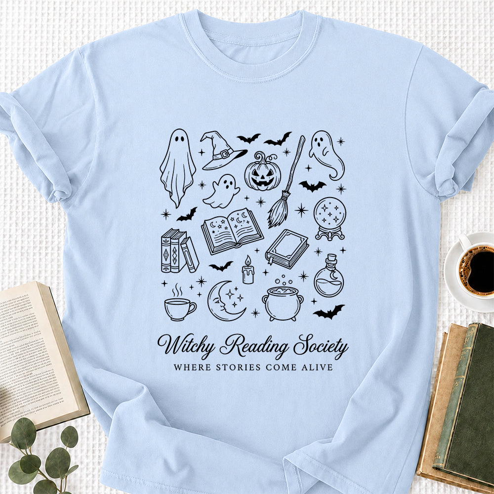 Witchy Reading Society Printed T-Shirt | Halloween Reader Gift Light Blue