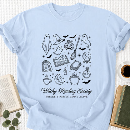 Witchy Reading Society Printed T-Shirt | Halloween Reader Gift Light Blue