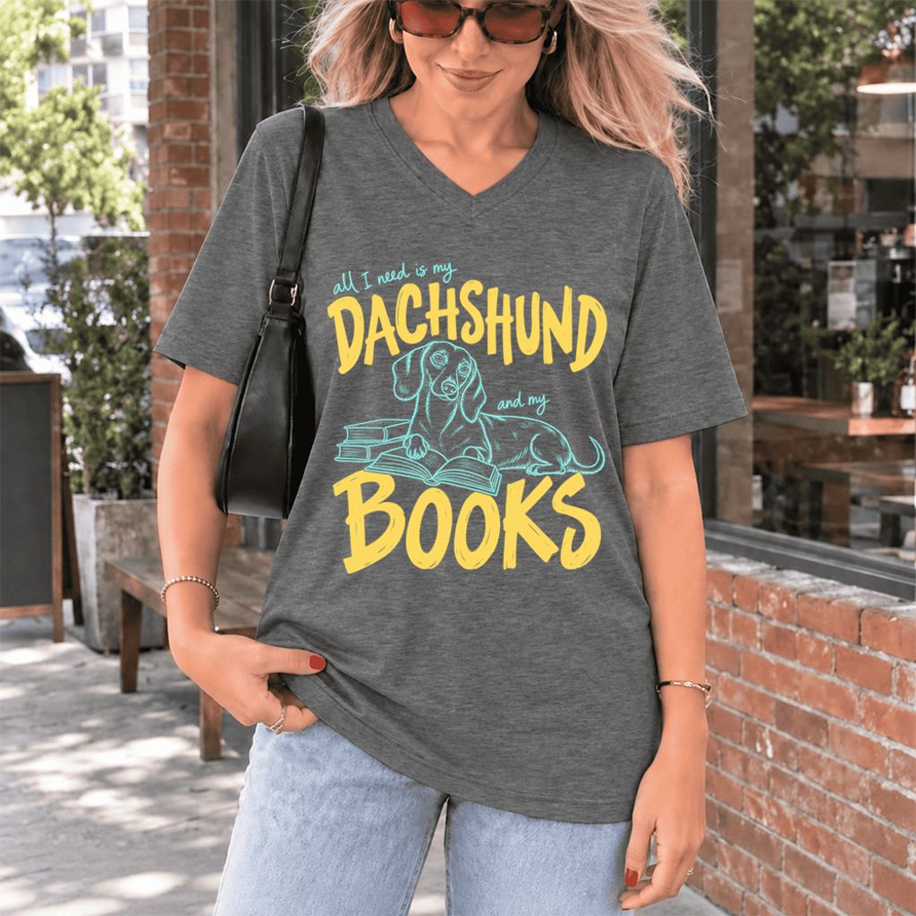 All I Need Is My Dachshund And My Books Ultra-Soft V-Neck | Dog Mom Reader Gift Deep Heather