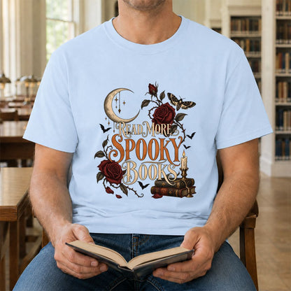 Read More Spooky Books Printed T-Shirt | Halloween Book Lover Gift Light Blue