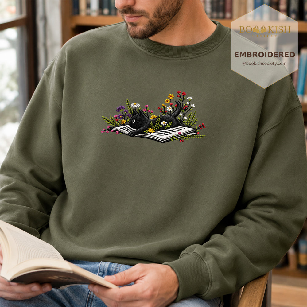 Cat and Book Embroidered Sweatshirt | Reader Gift Military Green