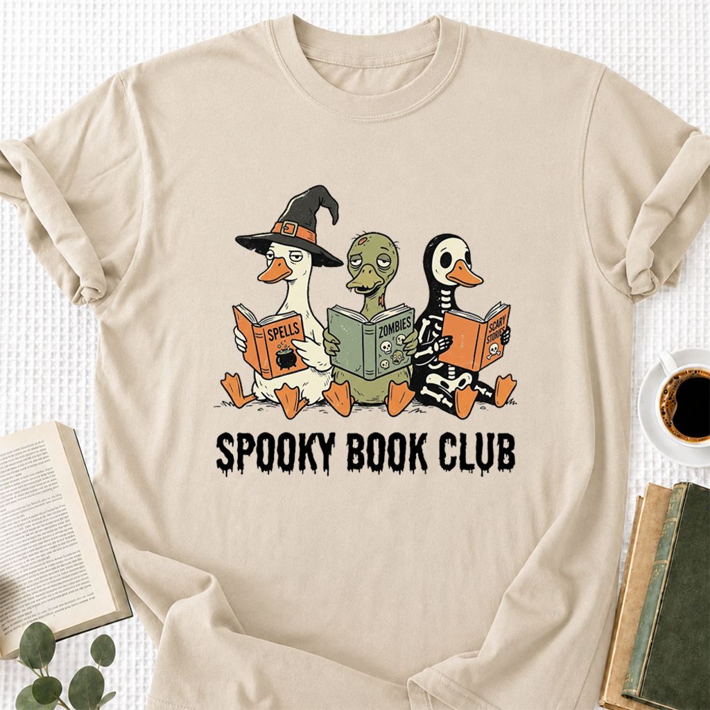Spooky Book Club Printed T-Shirt | Halloween Book Lover Gift Sand