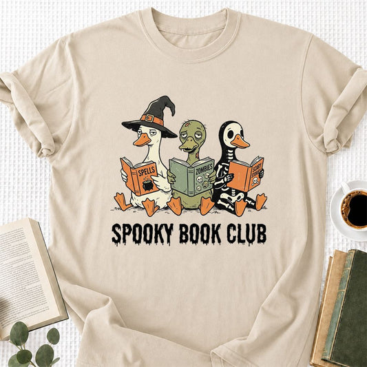 Spooky Book Club Printed T-Shirt | Halloween Book Lover Gift Sand