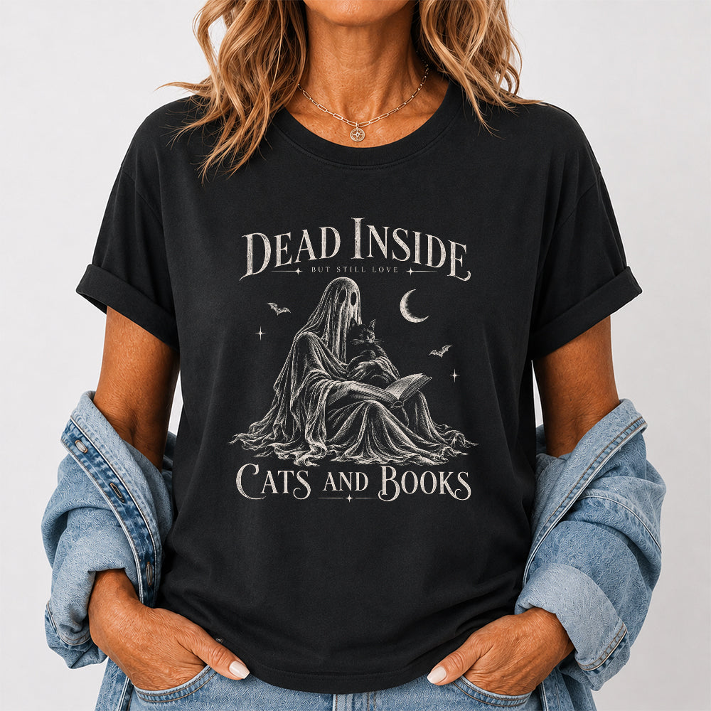 Dead Inside But Still Love Cats And Books Printed T-Shirt | Halloween Gift Black