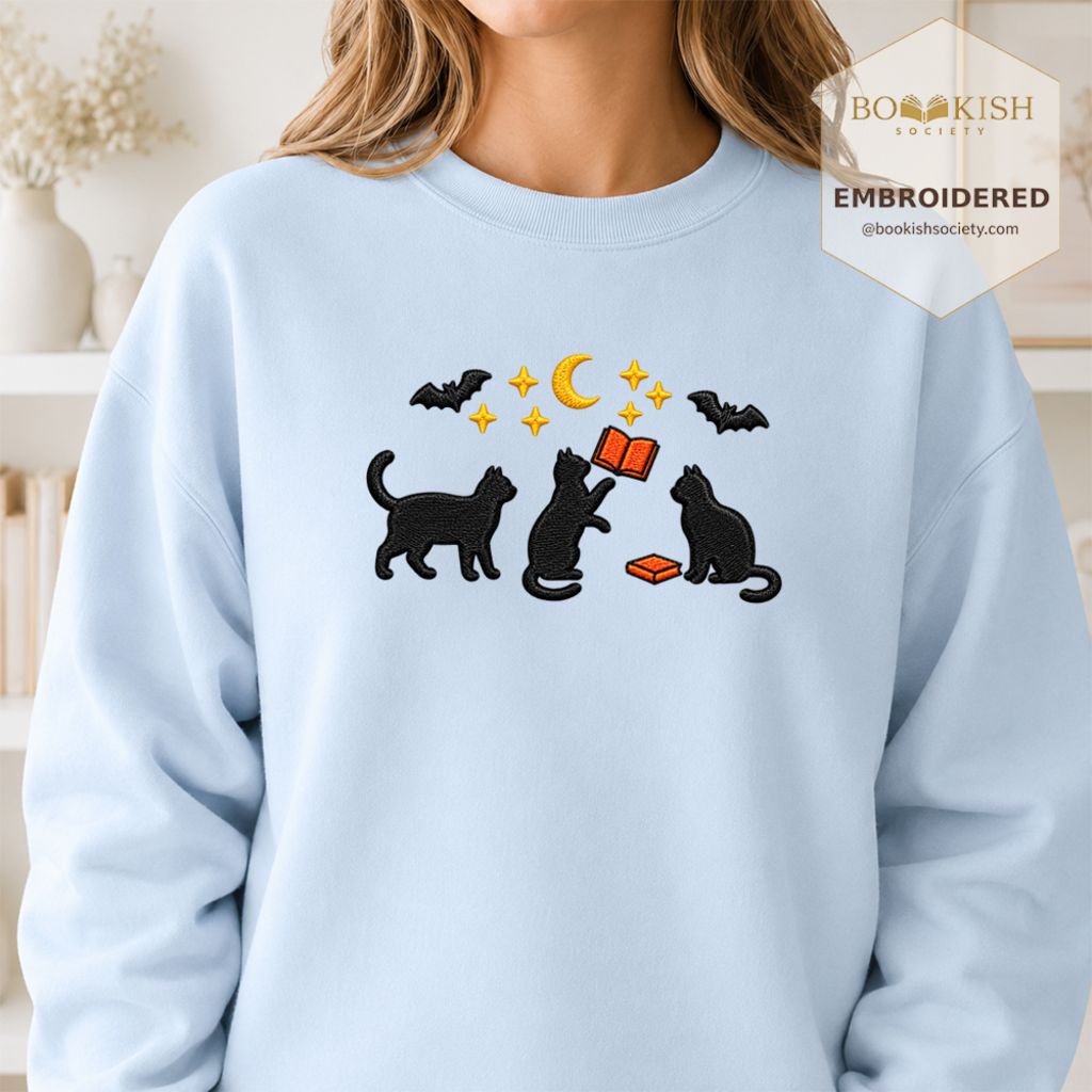 Black Cats With Books Embroidered Sweatshirt | Spooky Reader Gift Light Blue